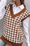 Women Trendy Lattice Pattern Deep V-Neck Winter Pullover Sleeveless Fashion Sweater