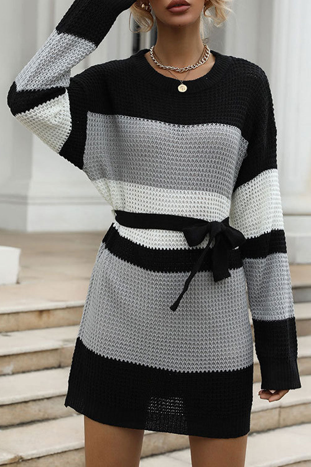 Women Knitted Loose Long Sleeve Trendy Solid Pattern Knotted Waist Winter Above Knee Sweater