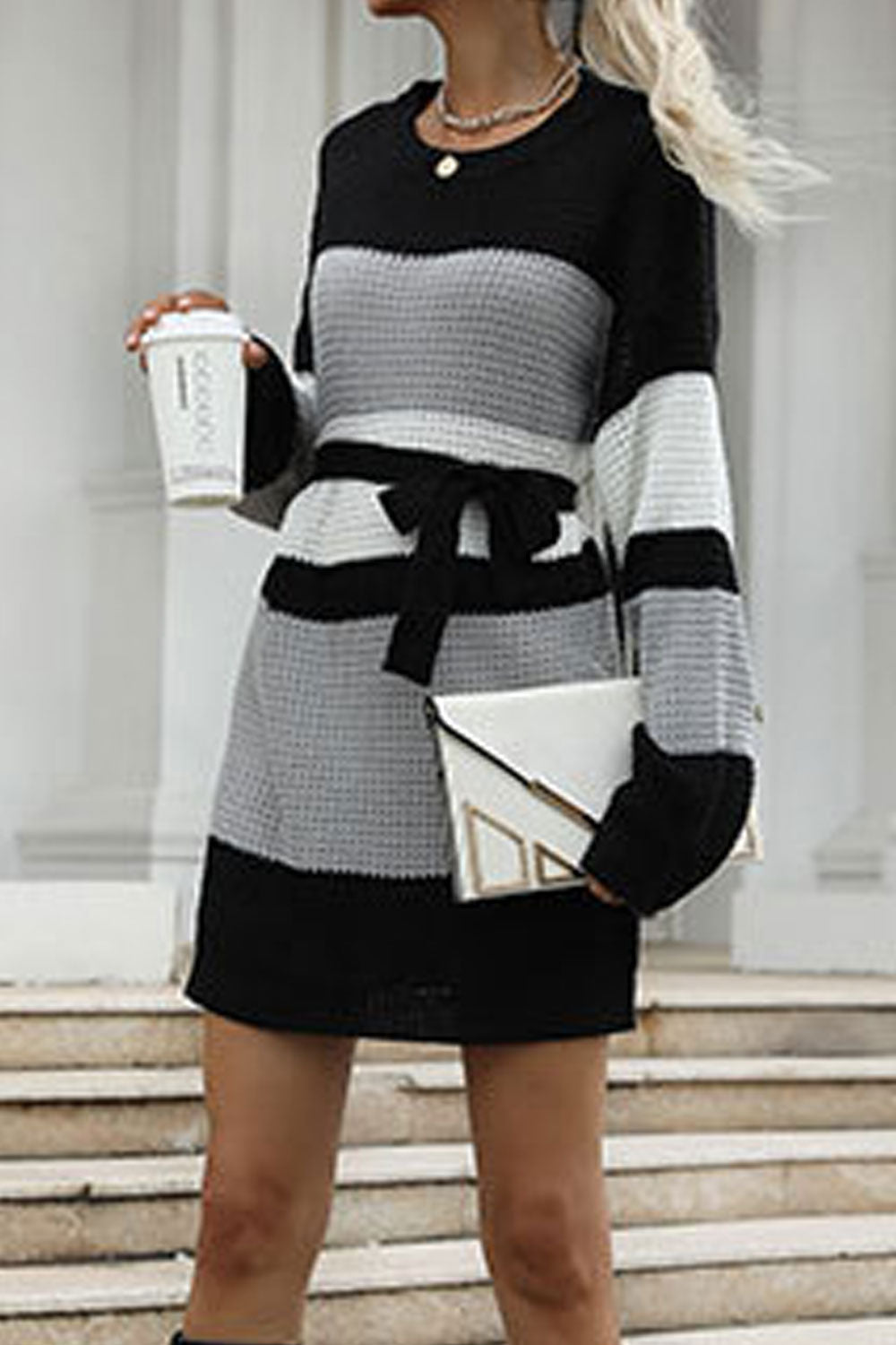 Women Knitted Loose Long Sleeve Trendy Solid Pattern Knotted Waist Winter Above Knee Sweater