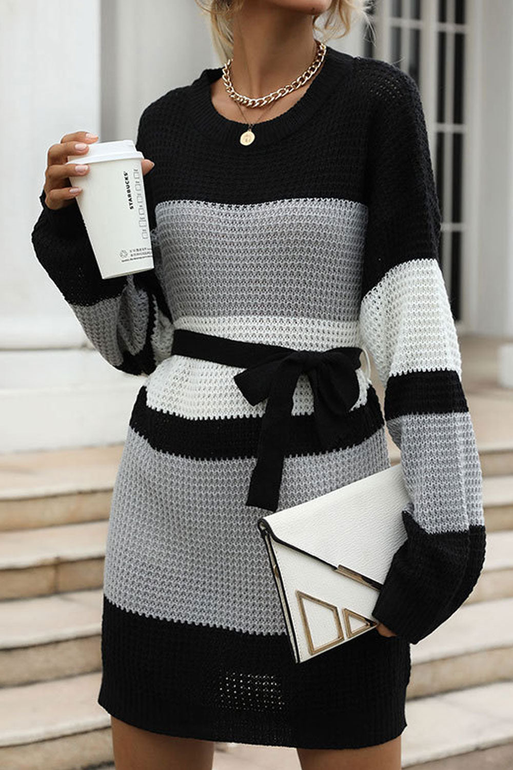 Women Knitted Loose Long Sleeve Trendy Solid Pattern Knotted Waist Winter Above Knee Sweater