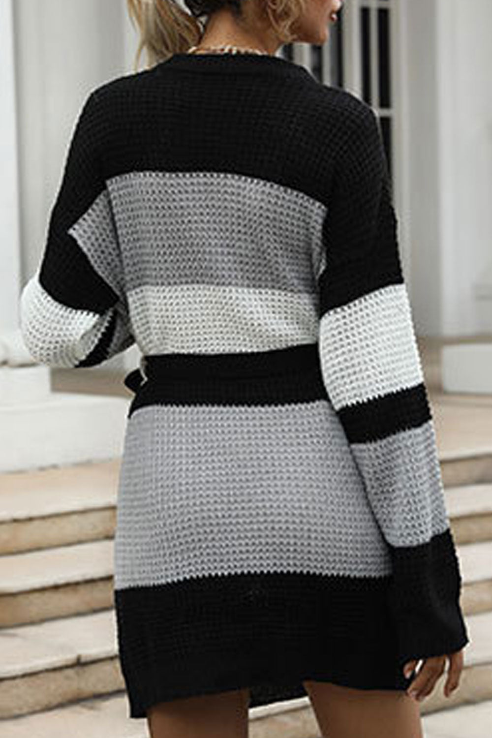 Women Knitted Loose Long Sleeve Trendy Solid Pattern Knotted Waist Winter Above Knee Sweater