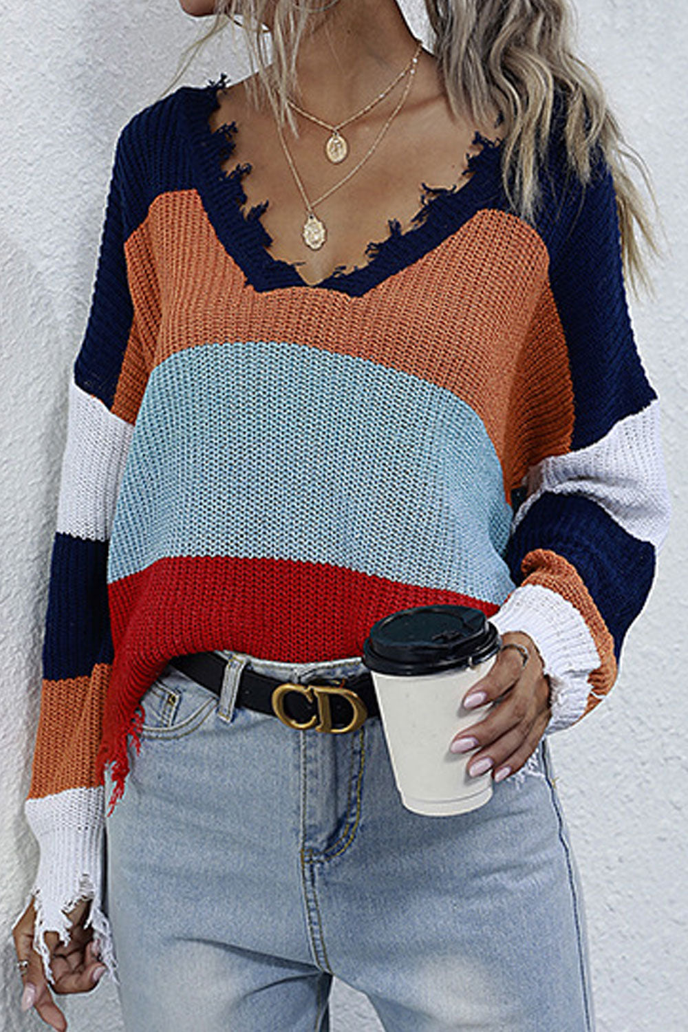 Women Ripped Pullover Alluring Solid Pattern Thick Long Sleeve V-Neck Fashion Sweater