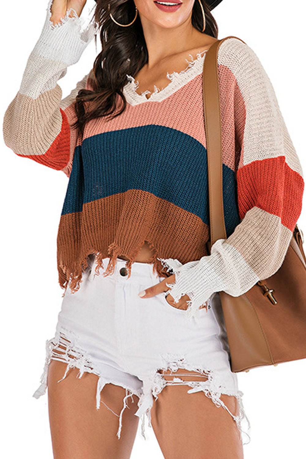 Women Ripped Pullover Alluring Solid Pattern Thick Long Sleeve V-Neck Fashion Sweater