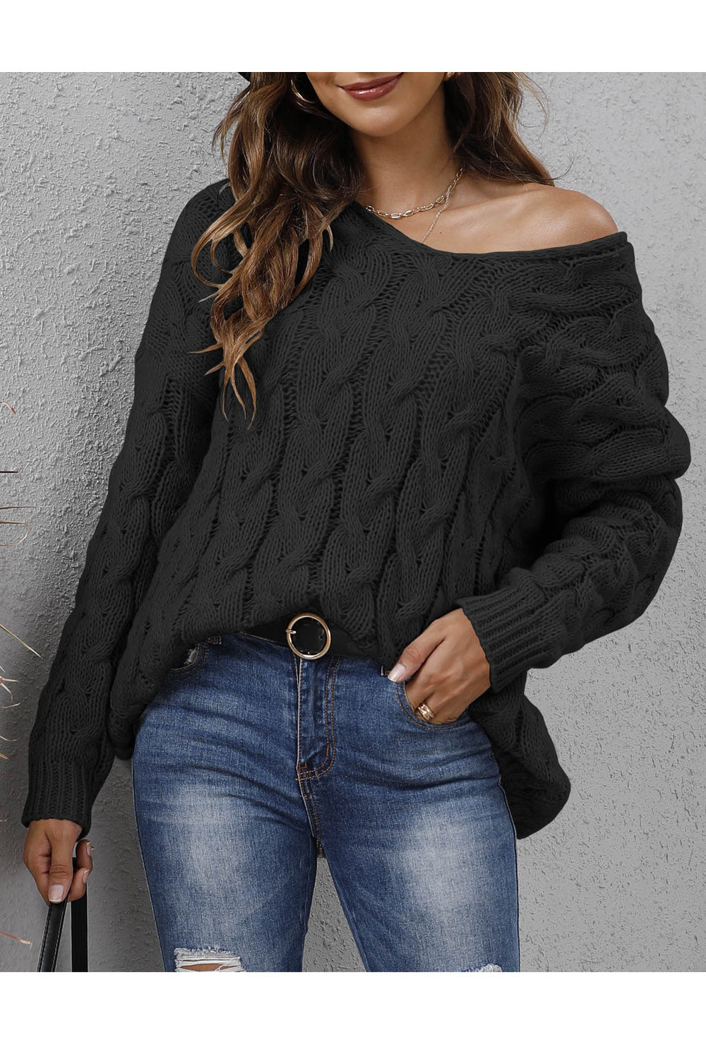 Women Thick Solid Pattern Knitted Hood Neck Long Sleeve Loose Pullover Comfy Sweater