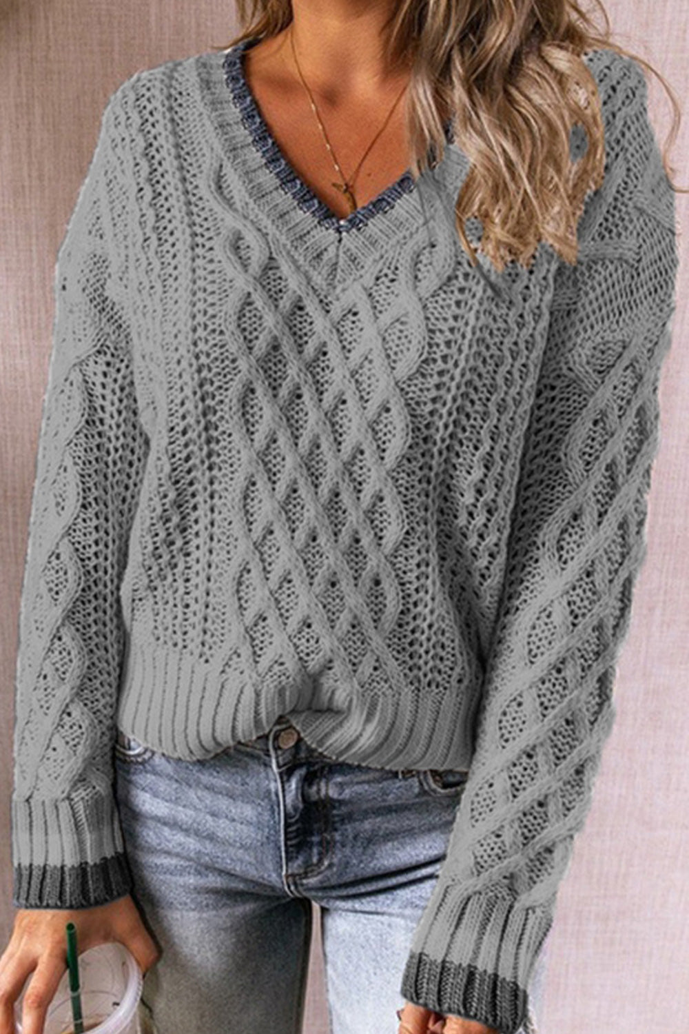 Women Thick Knitted V-Neck Long Sleeve Solid Colored Casual Warm Winter Sweater