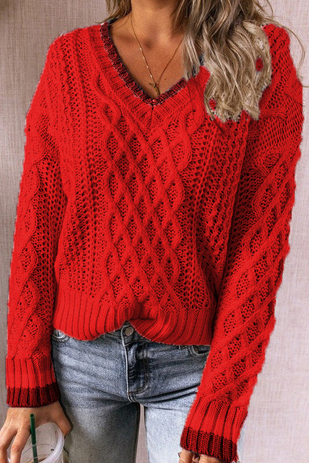 Women Thick Knitted V-Neck Long Sleeve Solid Colored Casual Warm Winter Sweater