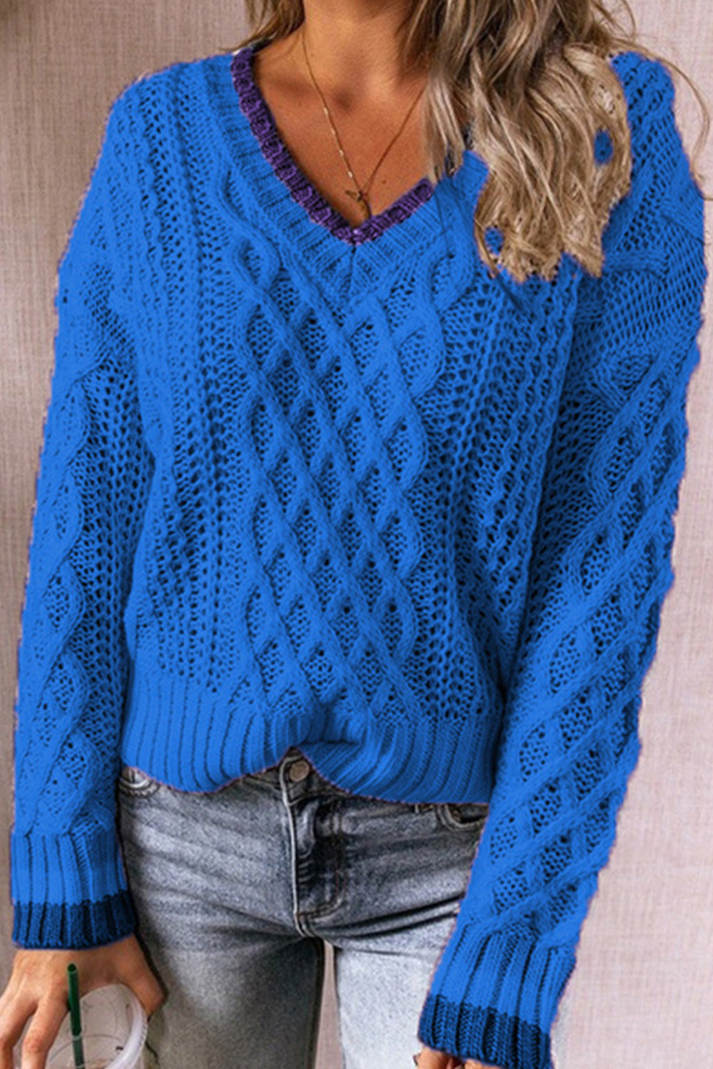 Women Thick Knitted V-Neck Long Sleeve Solid Colored Casual Warm Winter Sweater