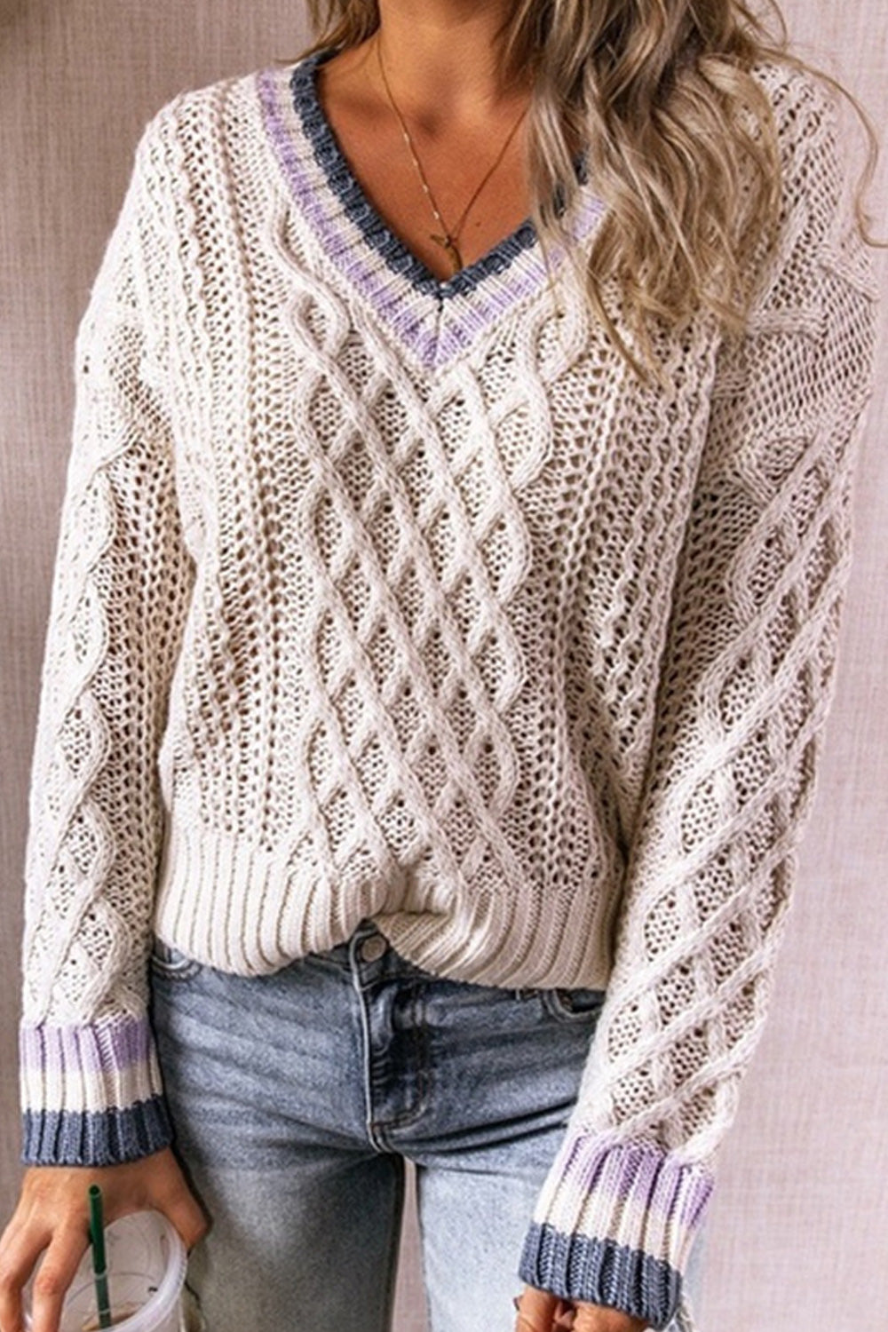 Women Thick Knitted V-Neck Long Sleeve Solid Colored Casual Warm Winter Sweater