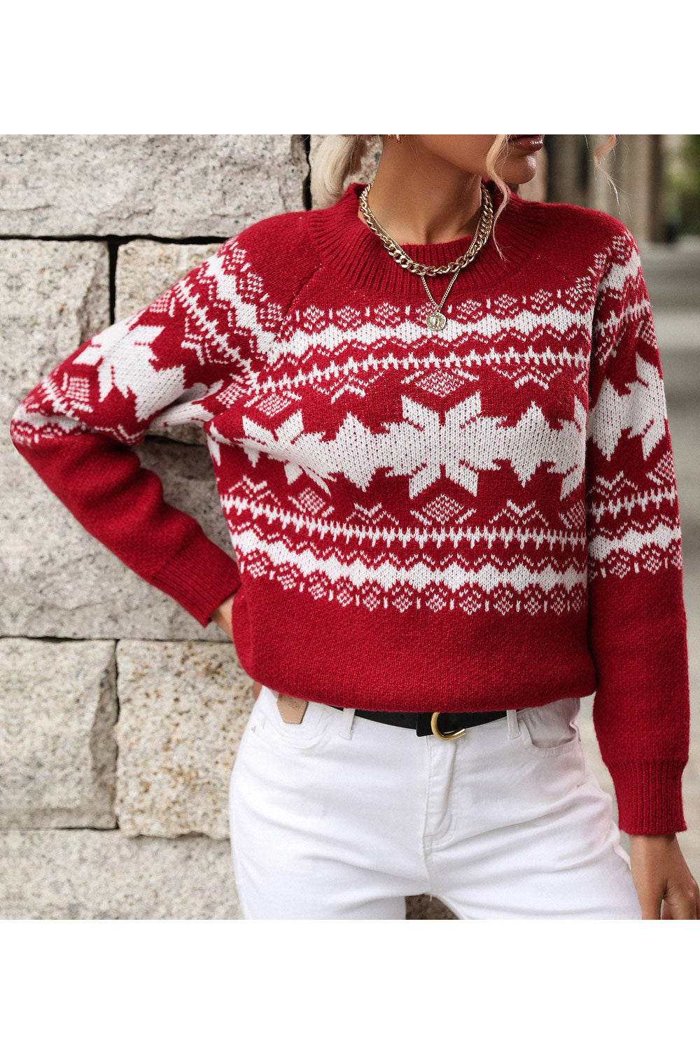 Women Fabulous Printed Pattern Easy Round Neck Cozy Long Sleeve Winter Casual Sweater
