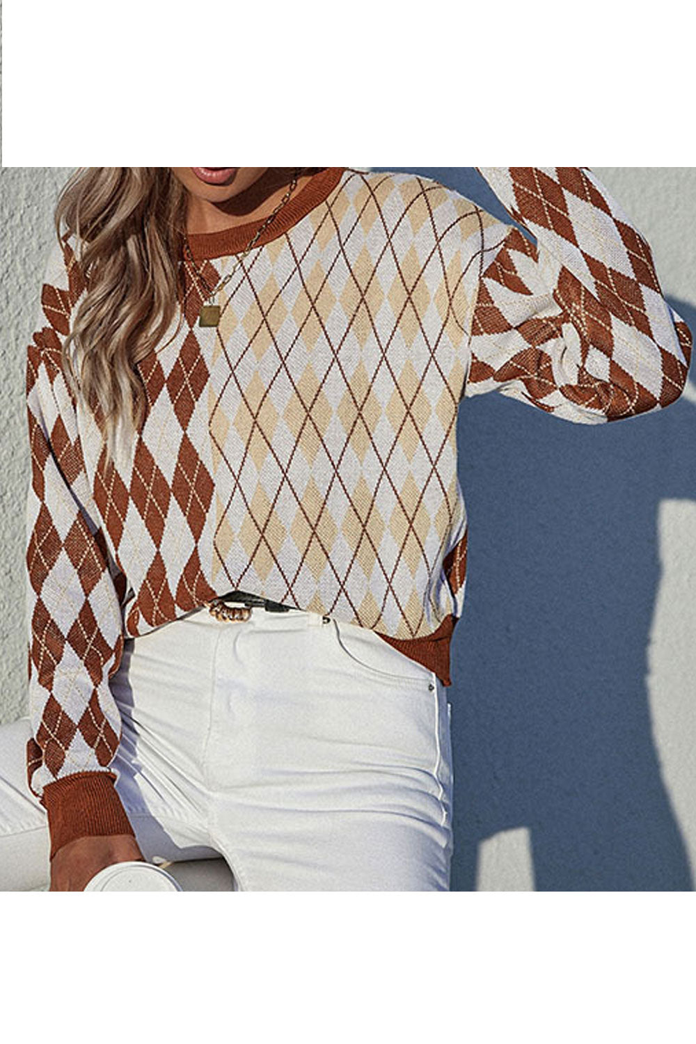 Women Beautiful Diamond Pattern Thick Long Sleeve Comfy Round Neck Pullover Winter Weekend Sweater