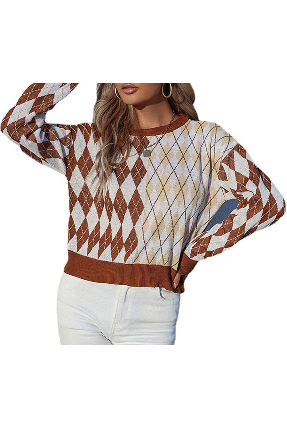 Women Beautiful Diamond Pattern Thick Long Sleeve Comfy Round Neck Pullover Winter Weekend Sweater