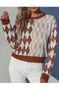 Women Beautiful Diamond Pattern Thick Long Sleeve Comfy Round Neck Pullover Winter Weekend Sweater