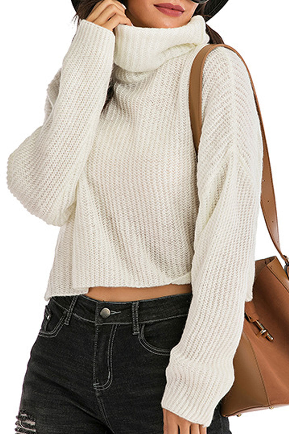 Women Amazing Solid Colored Restful Turtle Neck Long Sleeve Short Pullover Sweater