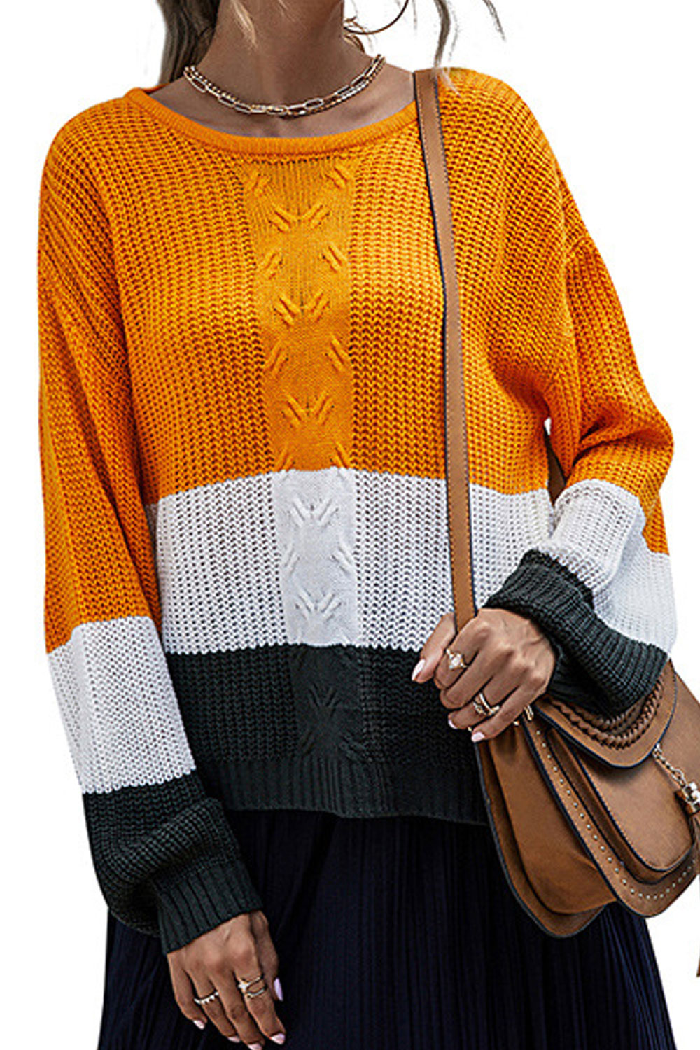 Women Hollow Styled Easy Round Neck Winter Restful Casual Long Sleeve Trendy Striped Pattern Sweater