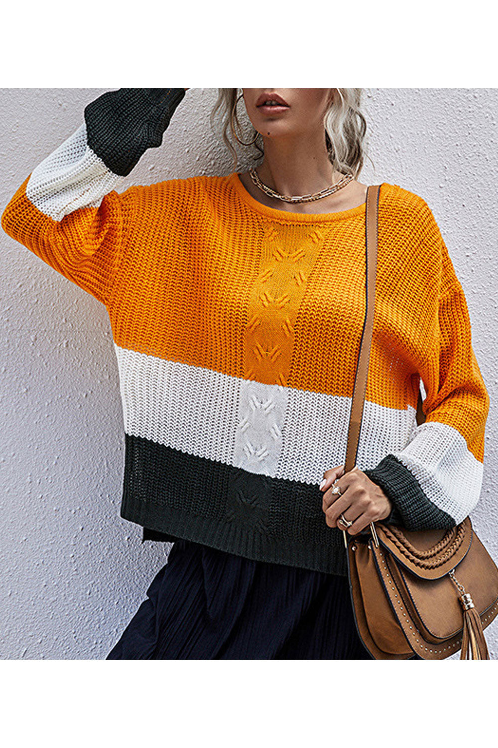 Women Hollow Styled Easy Round Neck Winter Restful Casual Long Sleeve Trendy Striped Pattern Sweater