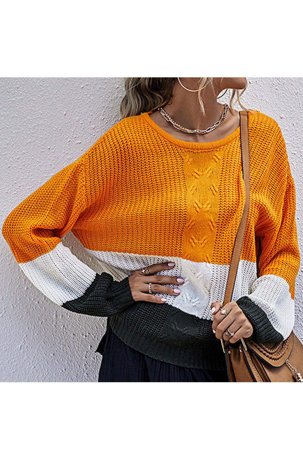 Women Hollow Styled Easy Round Neck Winter Restful Casual Long Sleeve Trendy Striped Pattern Sweater