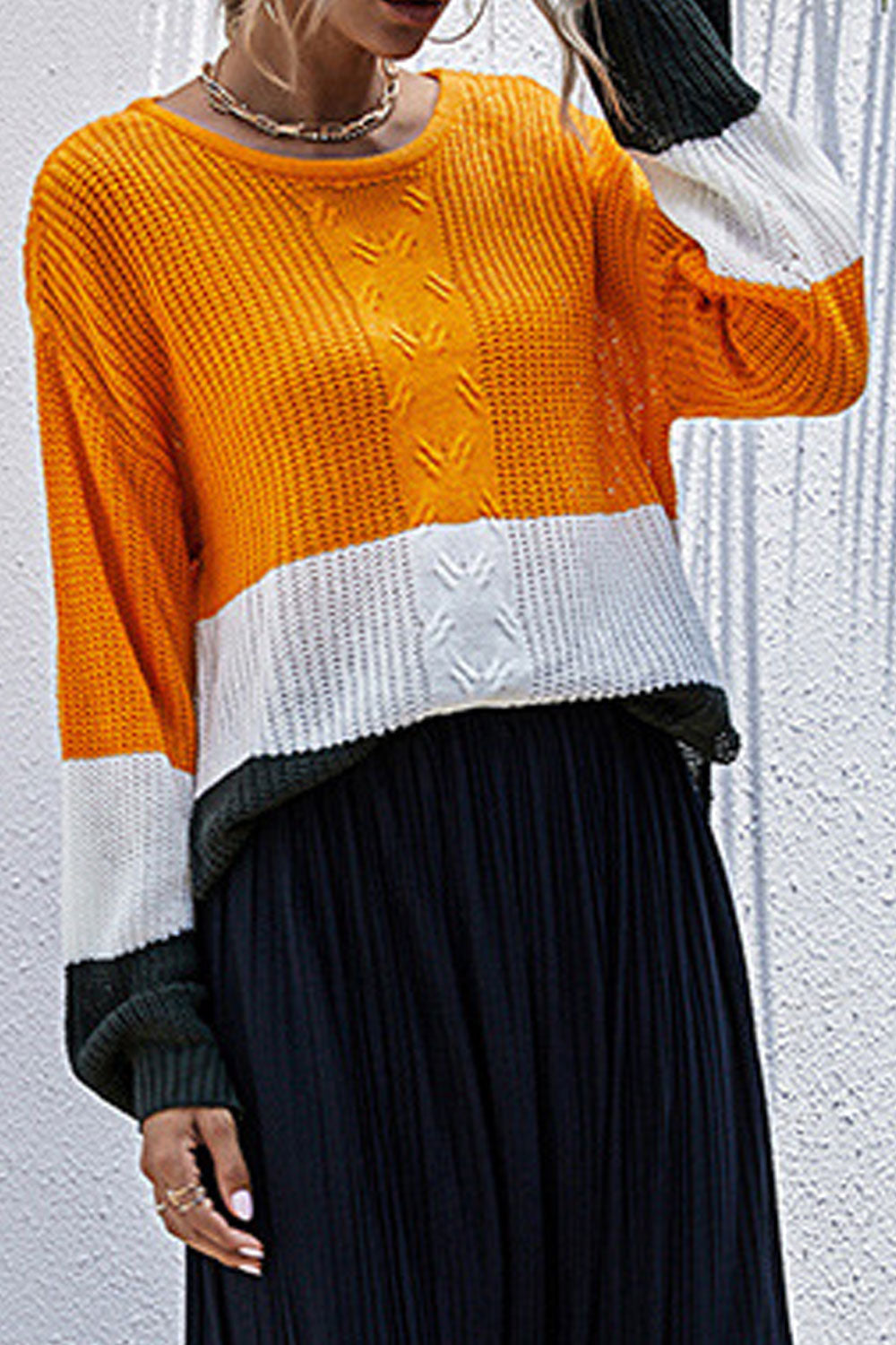 Women Hollow Styled Easy Round Neck Winter Restful Casual Long Sleeve Trendy Striped Pattern Sweater