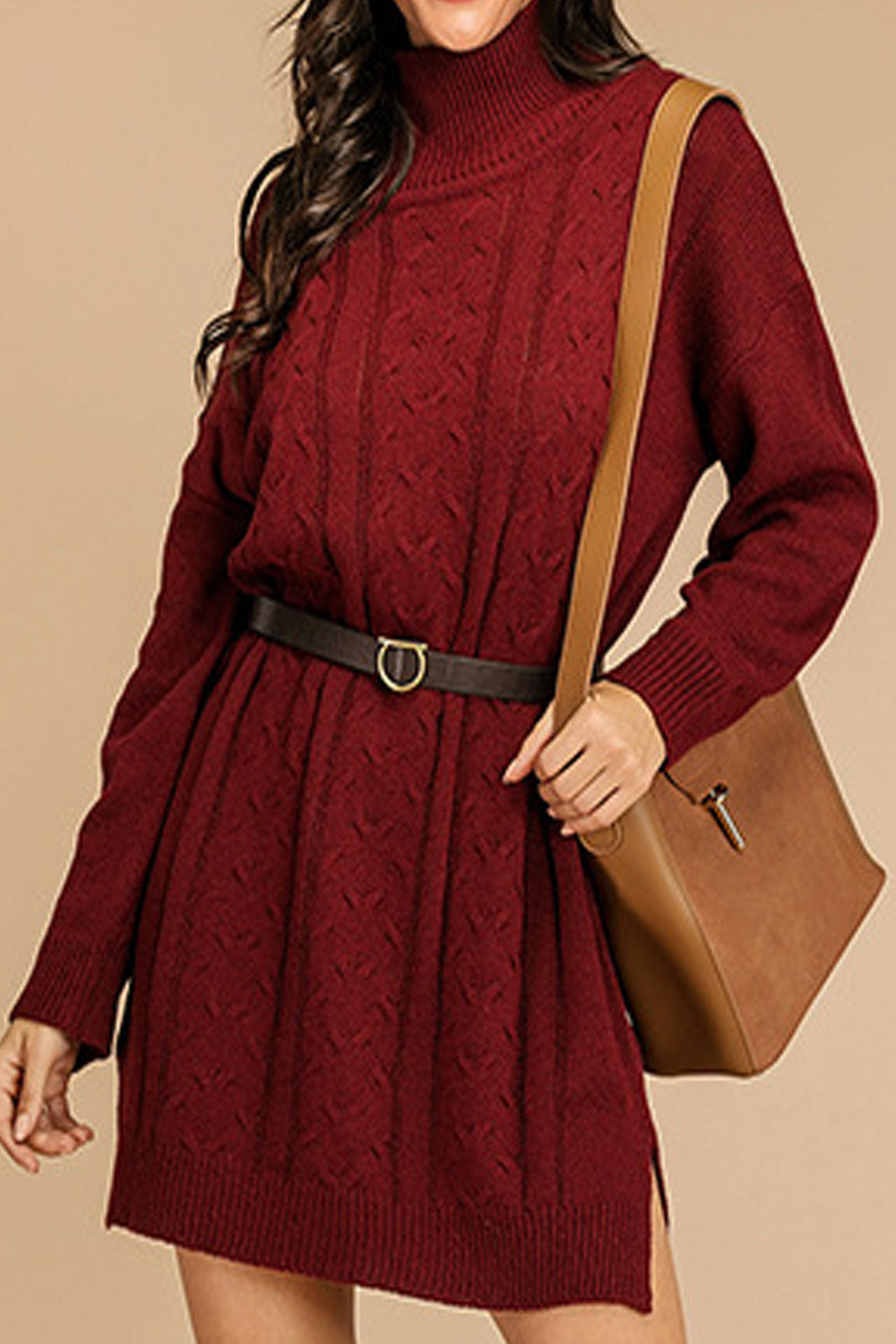 Women Knitted Long Sleeve Mid-Length Restful High Neck Awesome Solid Colored Slim Waist Sweater