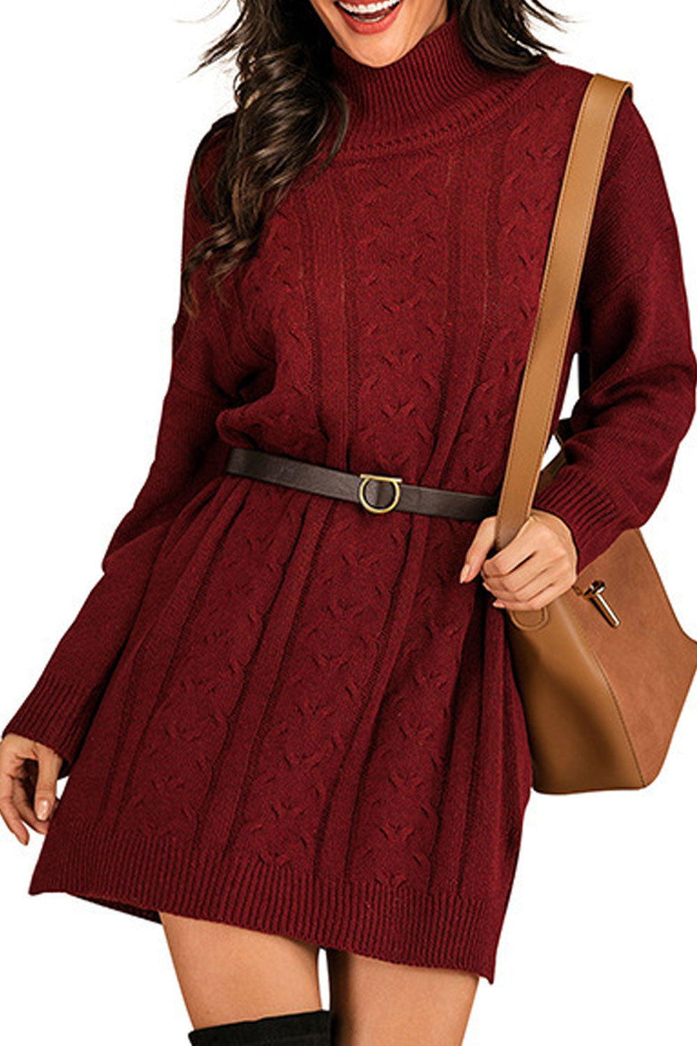 Women Knitted Long Sleeve Mid-Length Restful High Neck Awesome Solid Colored Slim Waist Sweater