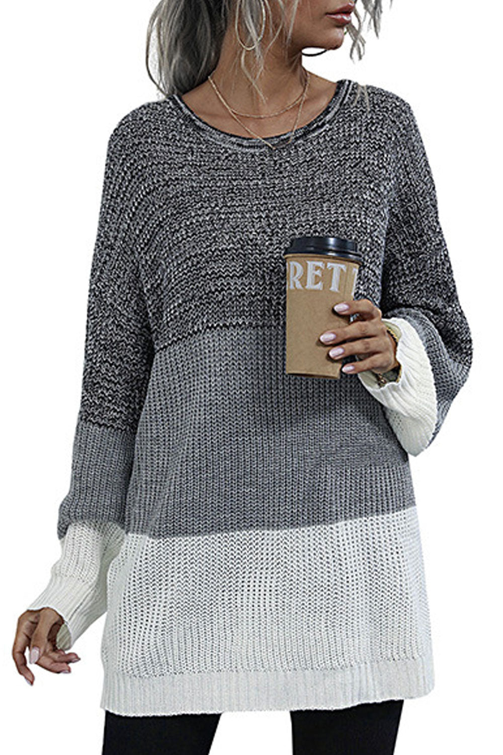 Women Beautiful Striped Pattern Knitted Long Sleeve Easy Round Neck Winter Pullover Sweater