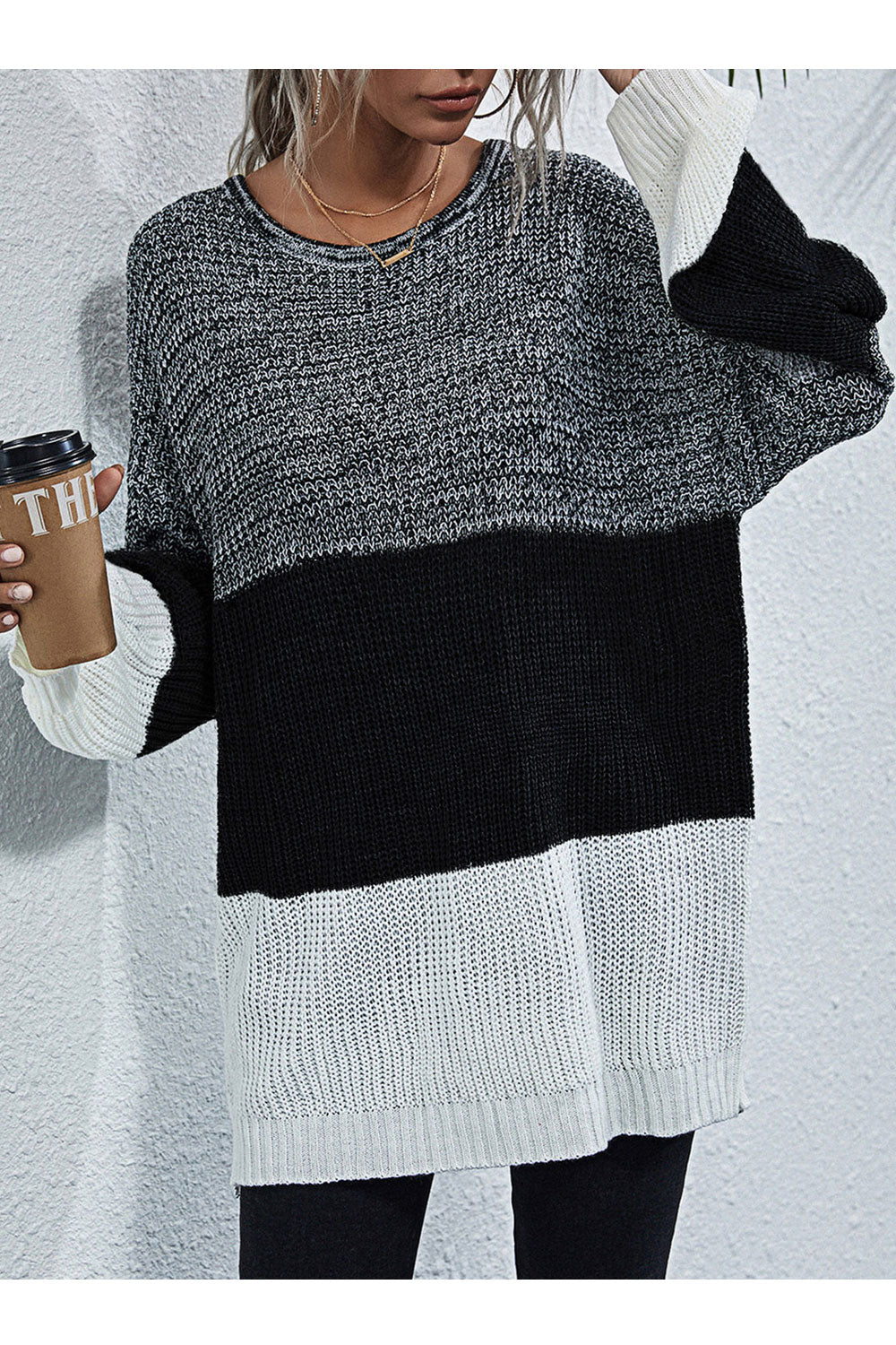Women Beautiful Striped Pattern Knitted Long Sleeve Easy Round Neck Winter Pullover Sweater