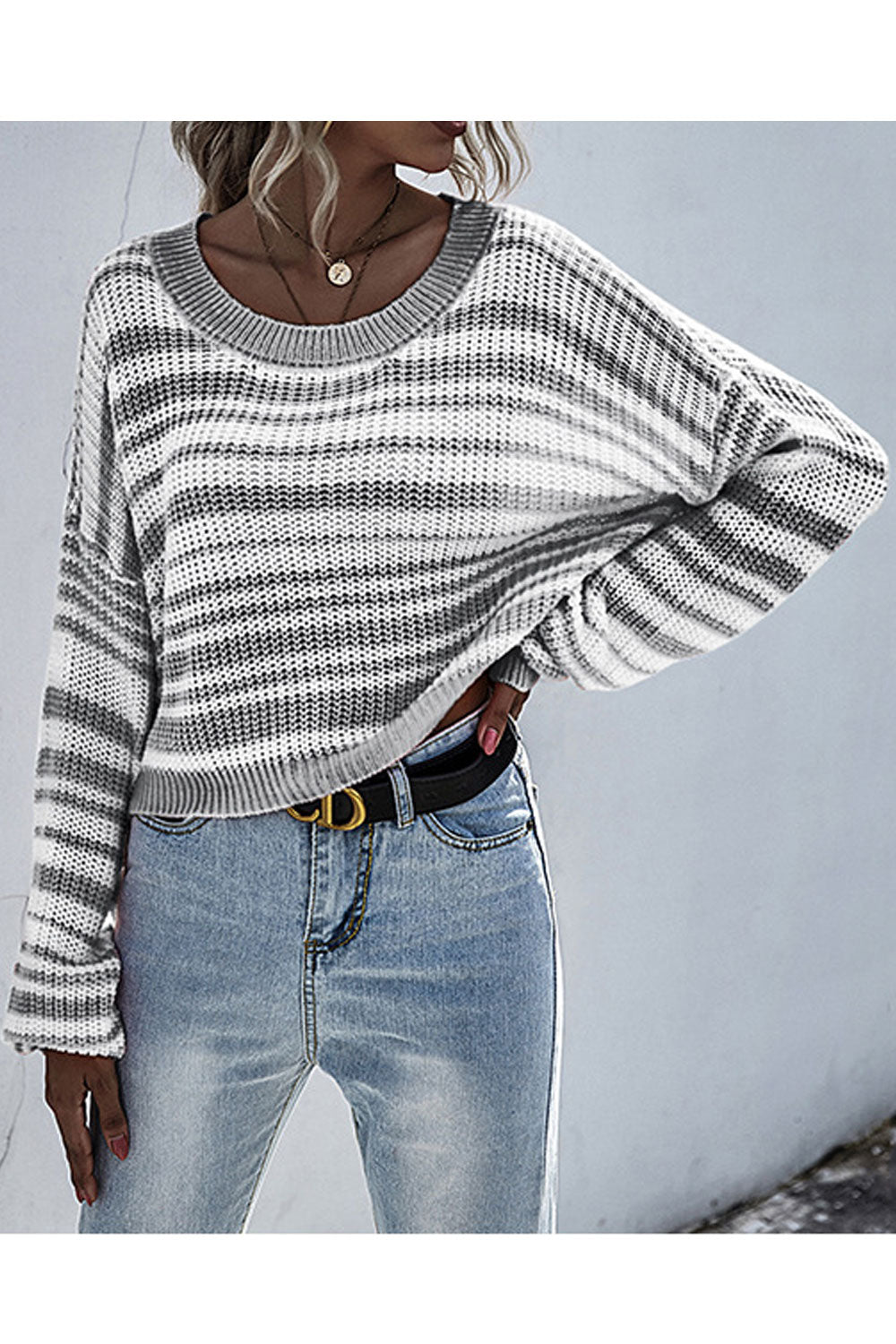 Women Trendy Striped Pattern Loose Long Sleeve Comfortable Round Neck Pullover Sweater