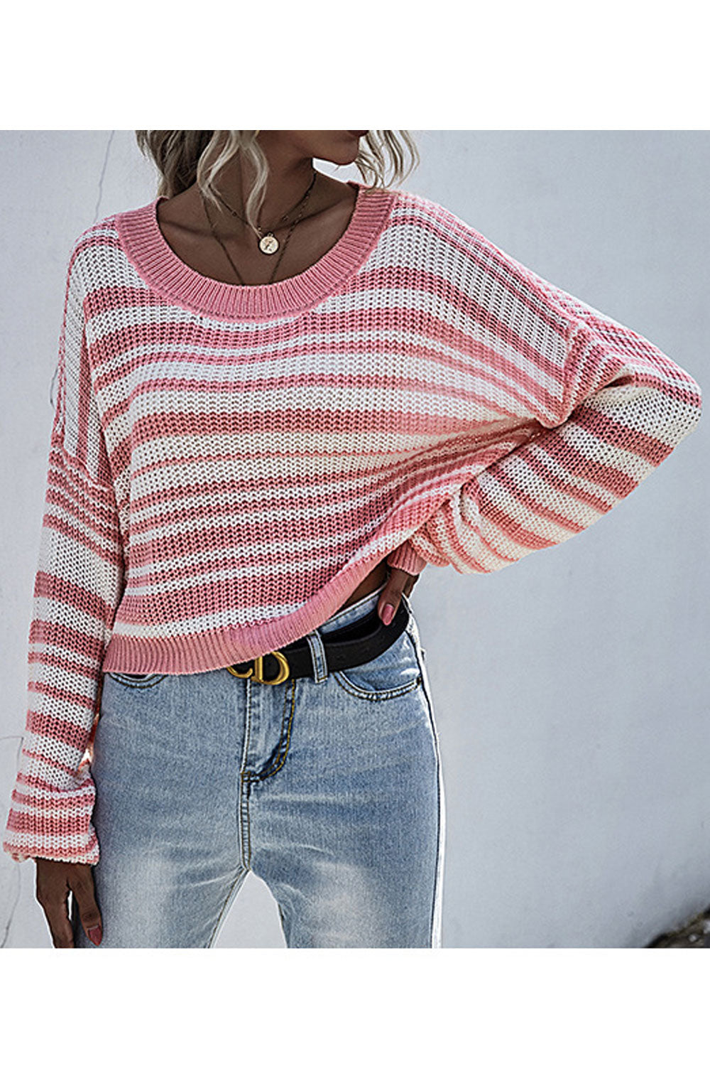 Women Trendy Striped Pattern Loose Long Sleeve Comfortable Round Neck Pullover Sweater