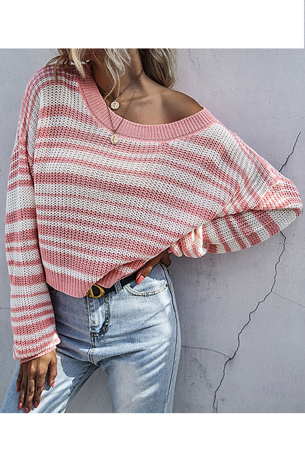 Women Trendy Striped Pattern Loose Long Sleeve Comfortable Round Neck Pullover Sweater