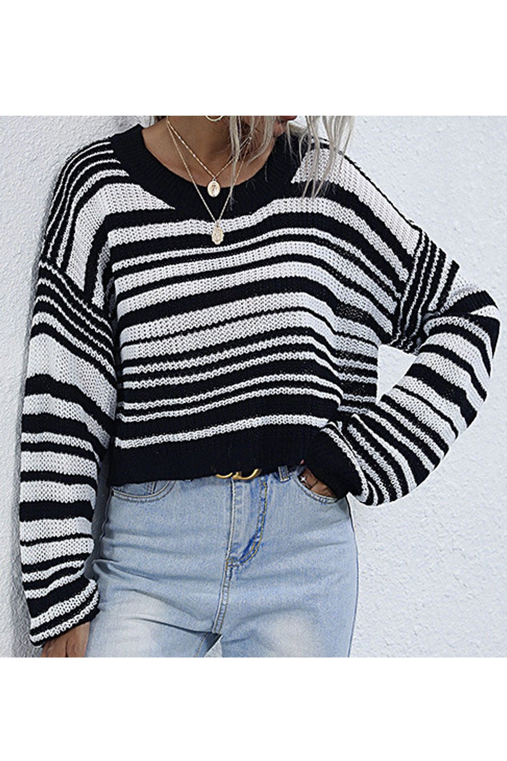 Women Trendy Striped Pattern Loose Long Sleeve Comfortable Round Neck Pullover Sweater
