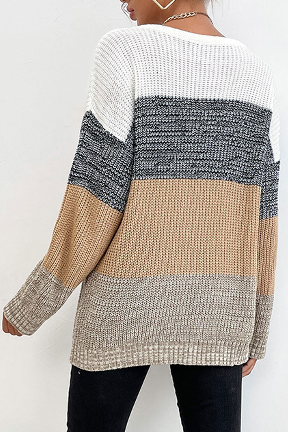 Women Restful Long Sleeve Easy Round Neck Lovely Striped Pattern Winter Casual Sweater