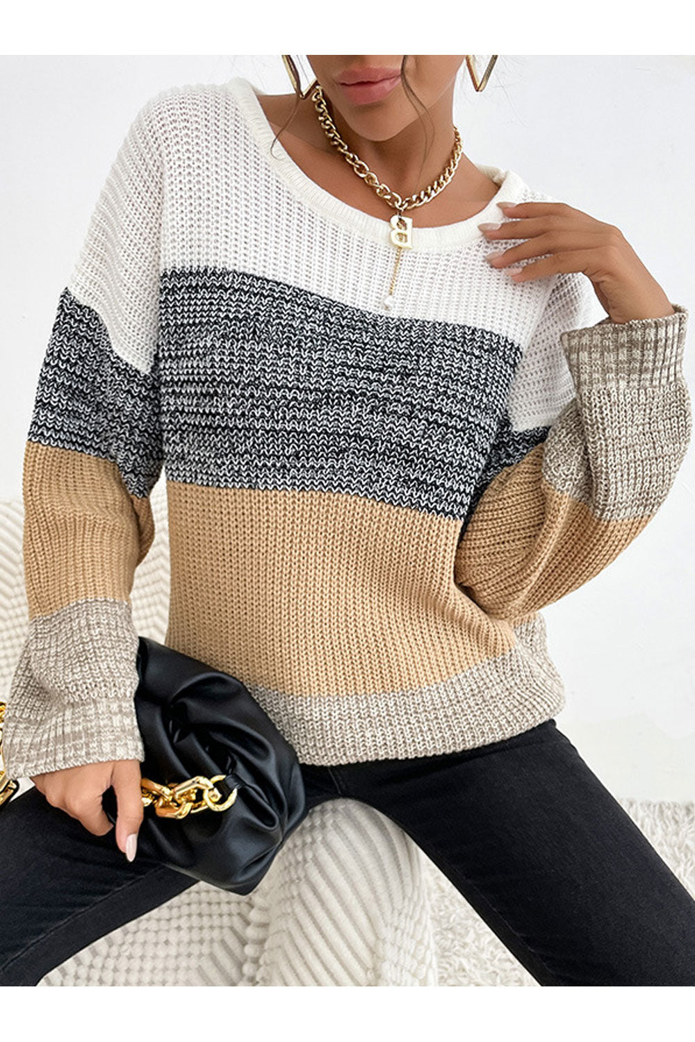 Women Restful Long Sleeve Easy Round Neck Lovely Striped Pattern Winter Casual Sweater
