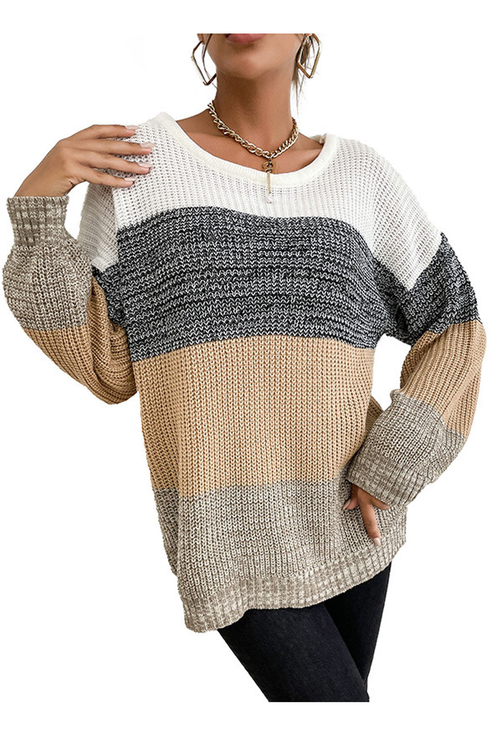 Women Restful Long Sleeve Easy Round Neck Lovely Striped Pattern Winter Casual Sweater