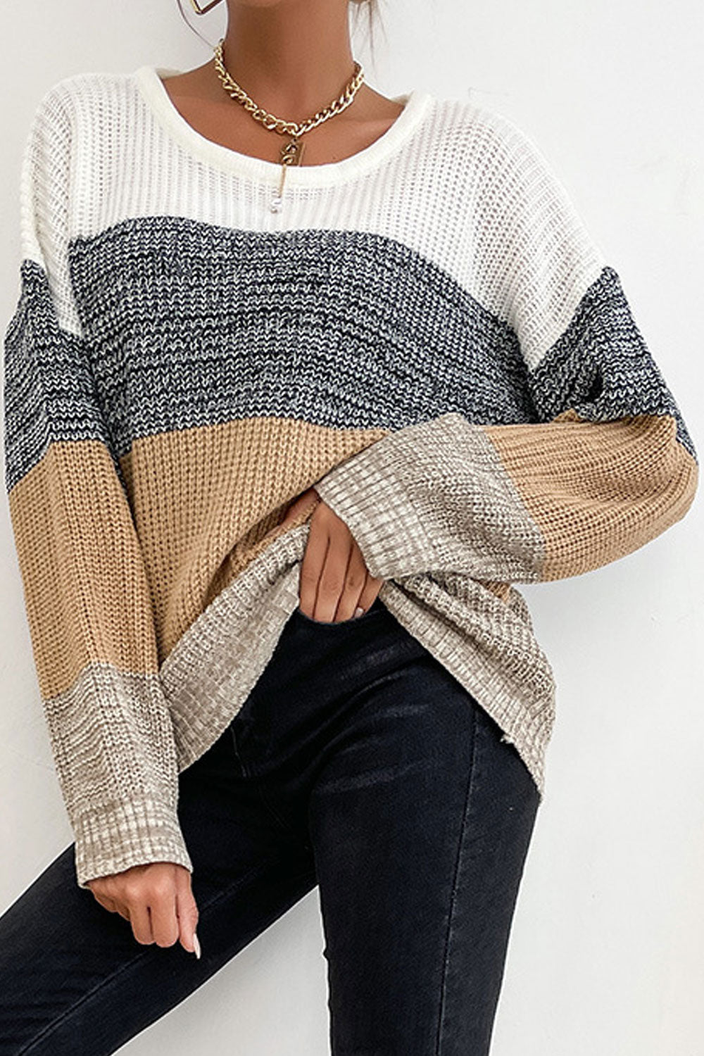 Women Restful Long Sleeve Easy Round Neck Lovely Striped Pattern Winter Casual Sweater