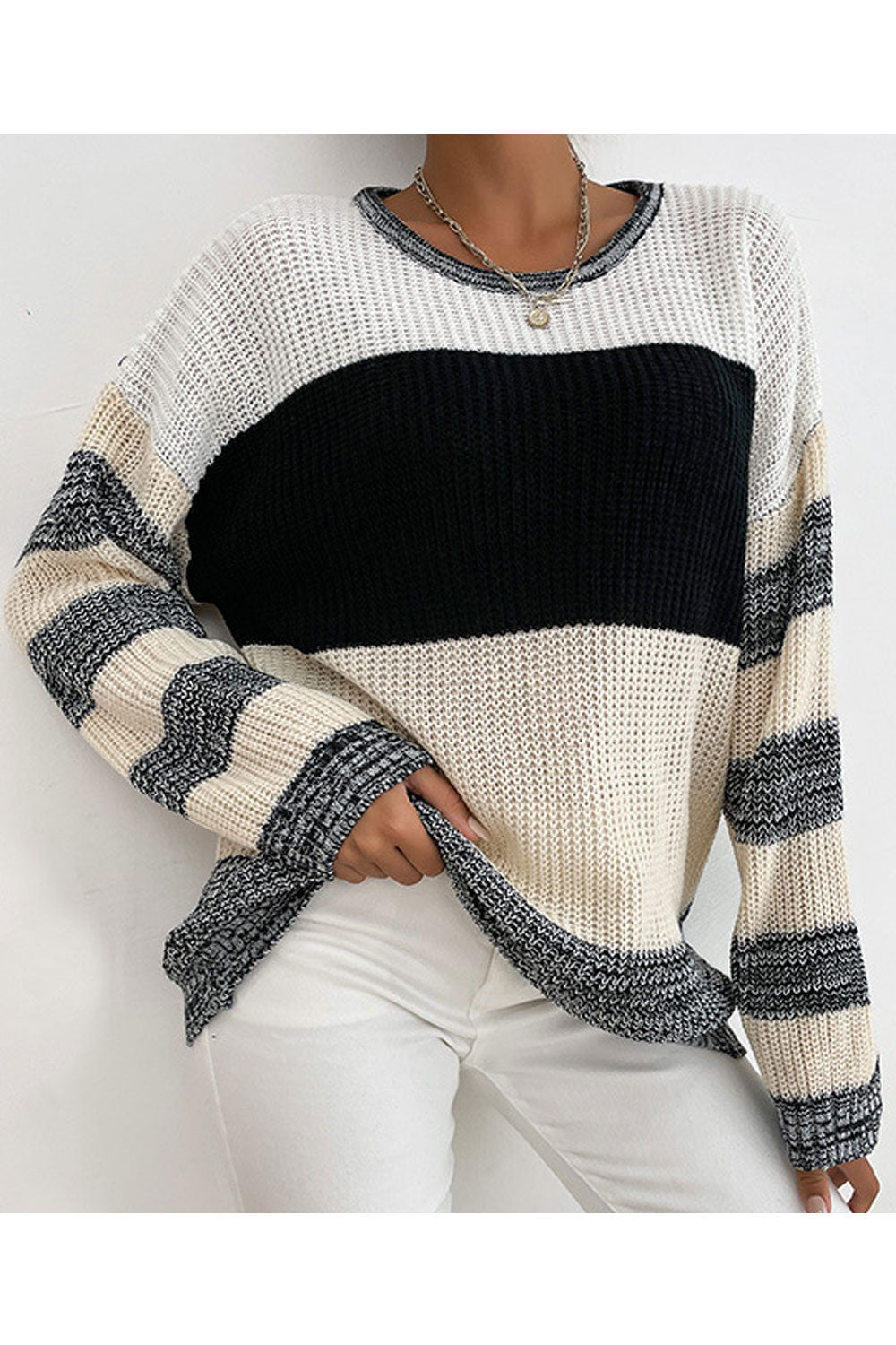 Women Attractive Striped Pattern Loose Styled Easy Round Neck Winter Warm Pullover Sweater