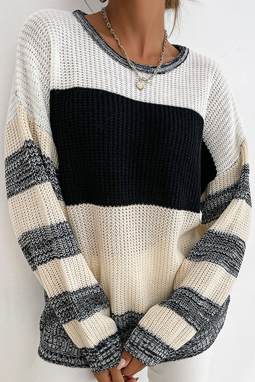 Women Attractive Striped Pattern Loose Styled Easy Round Neck Winter Warm Pullover Sweater