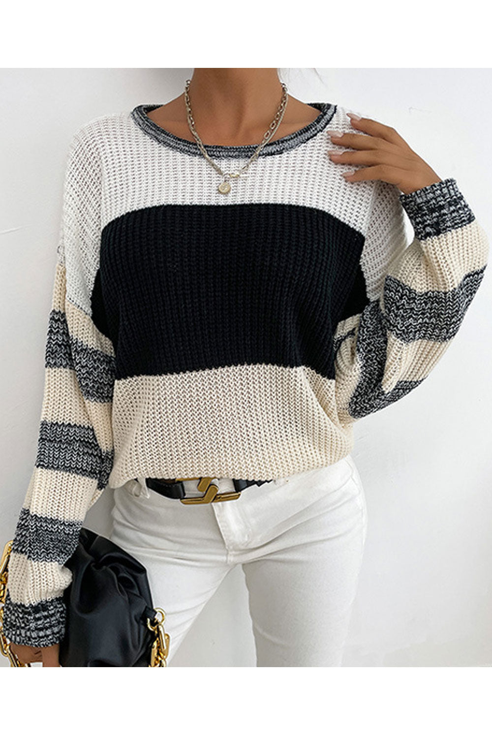 Women Attractive Striped Pattern Loose Styled Easy Round Neck Winter Warm Pullover Sweater