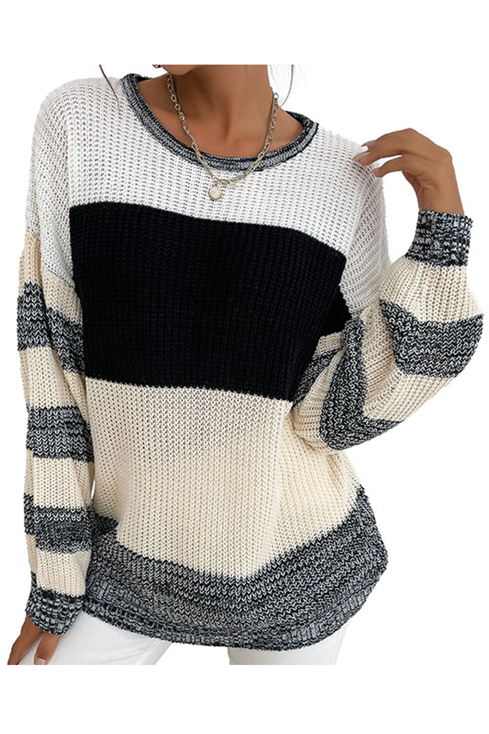 Women Attractive Striped Pattern Loose Styled Easy Round Neck Winter Warm Pullover Sweater