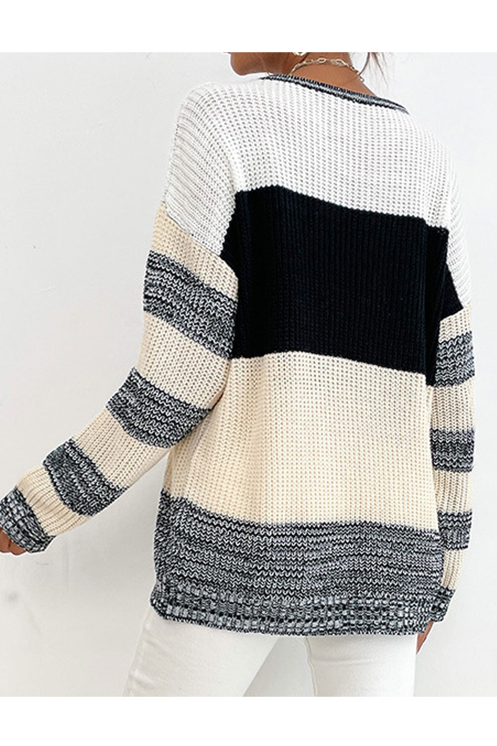 Women Attractive Striped Pattern Loose Styled Easy Round Neck Winter Warm Pullover Sweater