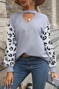 Women Stylish Leopard Pattern Long Sleeve Superb Hollow V-Neck Thick Winter Pullover Sweater