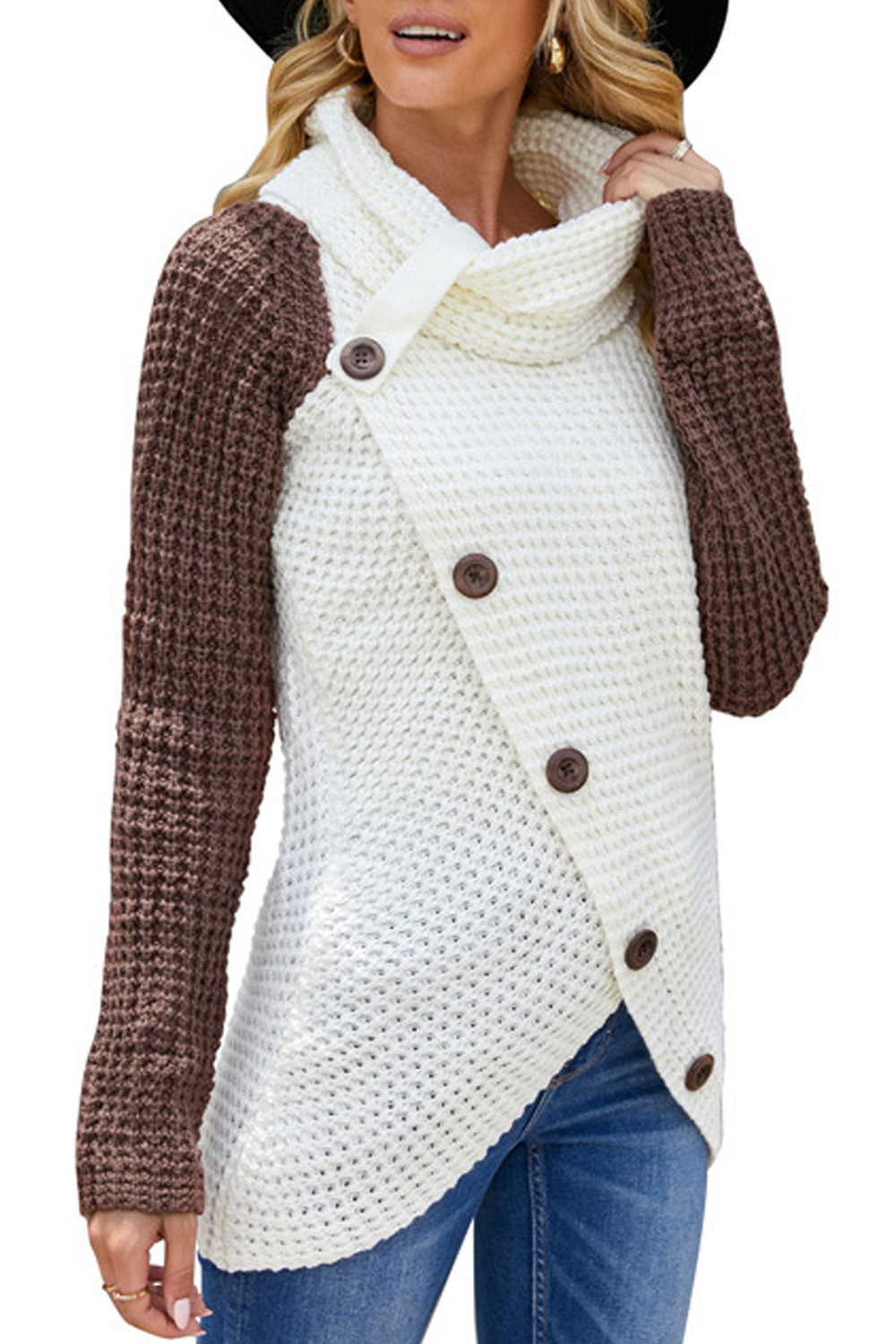 Women Sophisticated Solid Colored Warm Long Sleeve Oblique Button Styled High Neck Casual Pullover Sweater