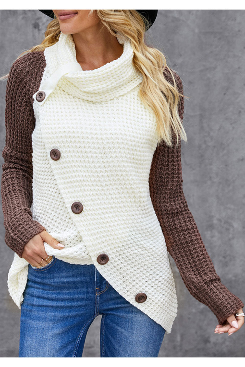 Women Sophisticated Solid Colored Warm Long Sleeve Oblique Button Styled High Neck Casual Pullover Sweater