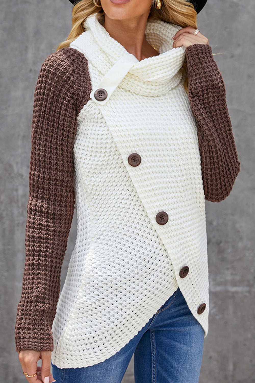 Women Sophisticated Solid Colored Warm Long Sleeve Oblique Button Styled High Neck Casual Pullover Sweater