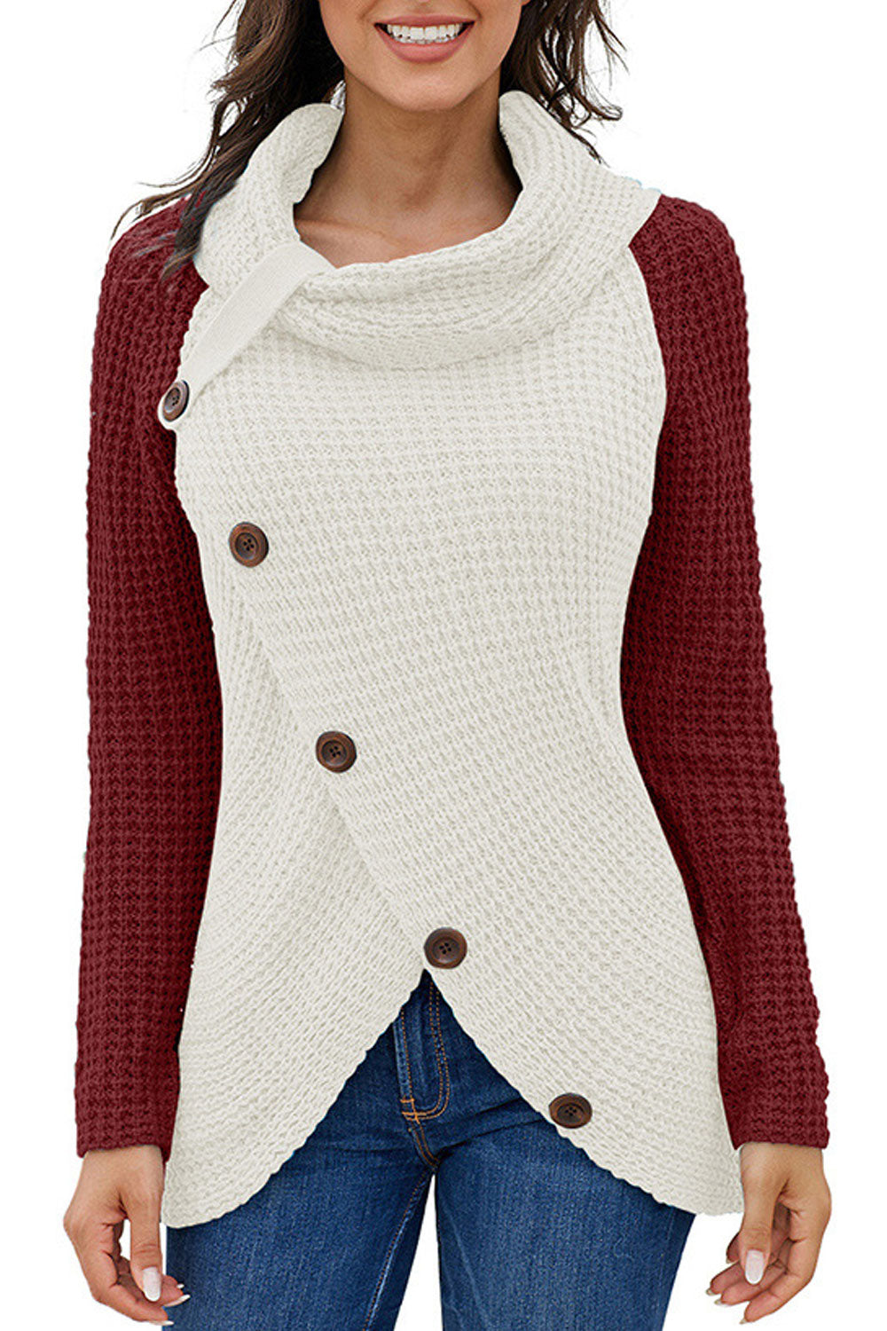 Women Sophisticated Solid Colored Warm Long Sleeve Oblique Button Styled High Neck Casual Pullover Sweater