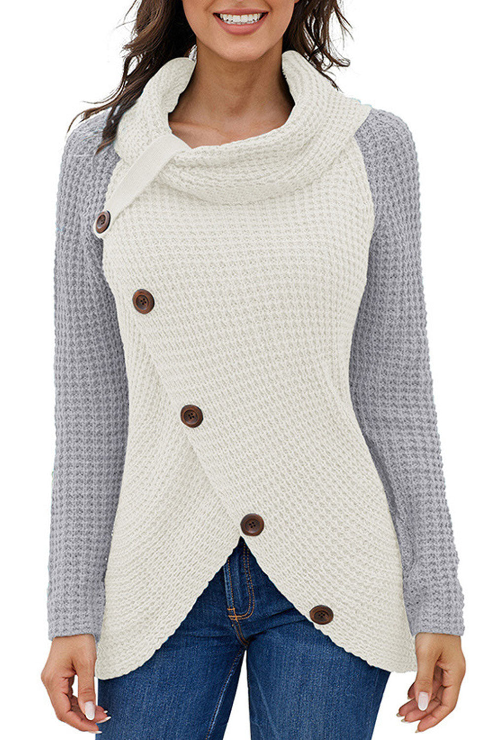 Women Sophisticated Solid Colored Warm Long Sleeve Oblique Button Styled High Neck Casual Pullover Sweater