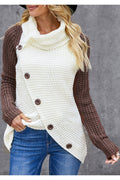 Women Sophisticated Solid Colored Warm Long Sleeve Oblique Button Styled High Neck Casual Pullover Sweater