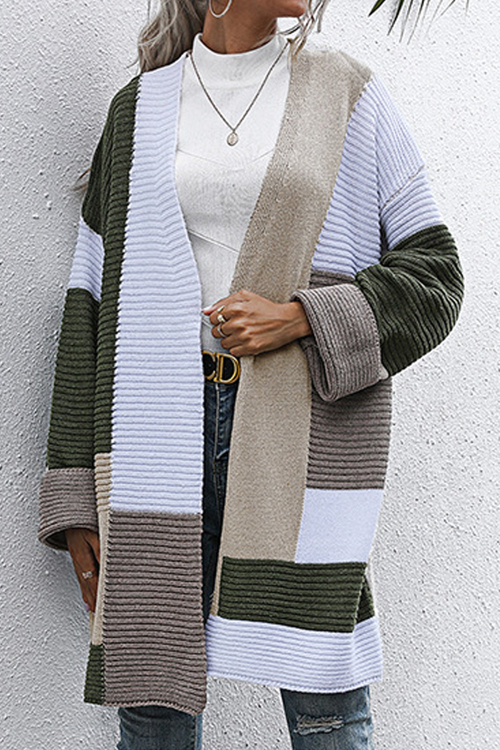 Women Deep V-Neck Winter Mid-Length Fashion Long Sleeve Superb Solid Colored Knitted Cardigan