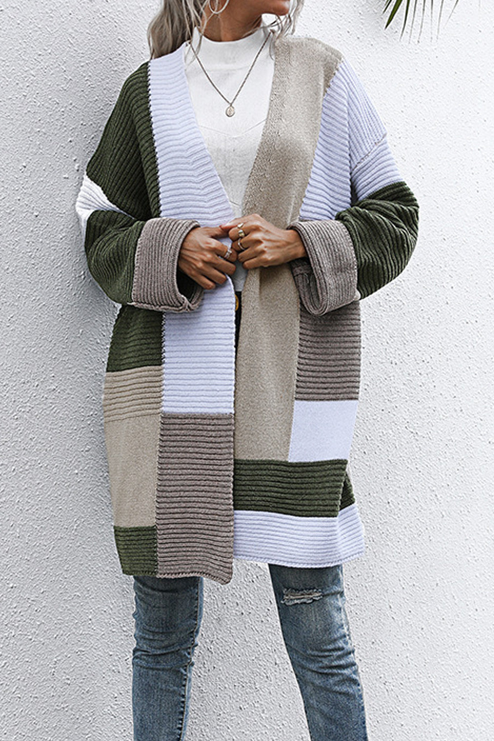 Women Deep V-Neck Winter Mid-Length Fashion Long Sleeve Superb Solid Colored Knitted Cardigan