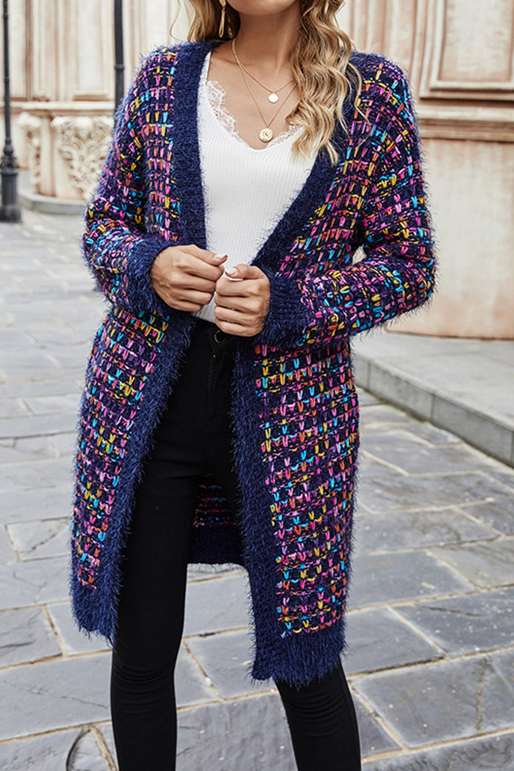 Women Fashionable Deep V-Neck Lovely Striped Pattern Warm Long Sleeve Winter Mid-Length Cardigan