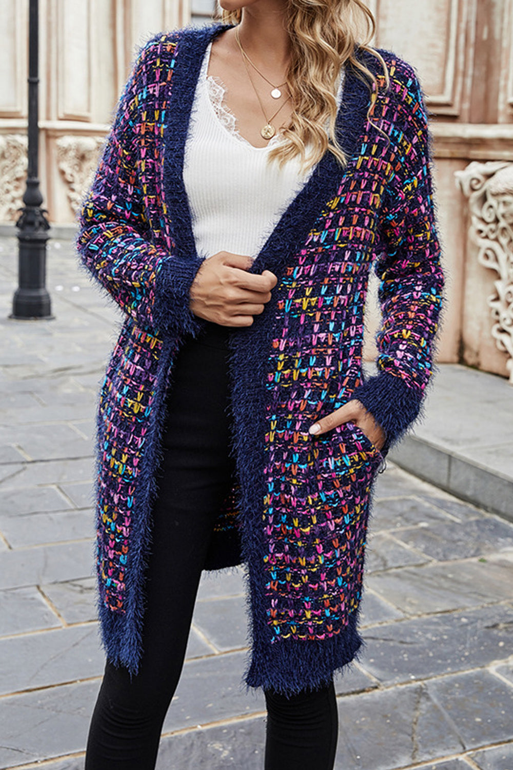 Women Fashionable Deep V-Neck Lovely Striped Pattern Warm Long Sleeve Winter Mid-Length Cardigan