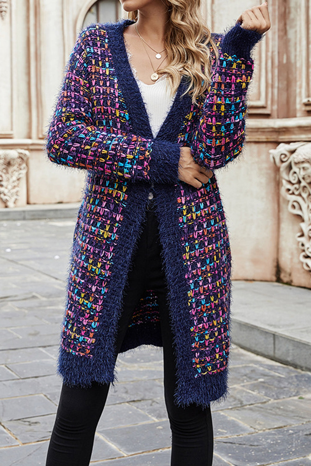Women Fashionable Deep V-Neck Lovely Striped Pattern Warm Long Sleeve Winter Mid-Length Cardigan